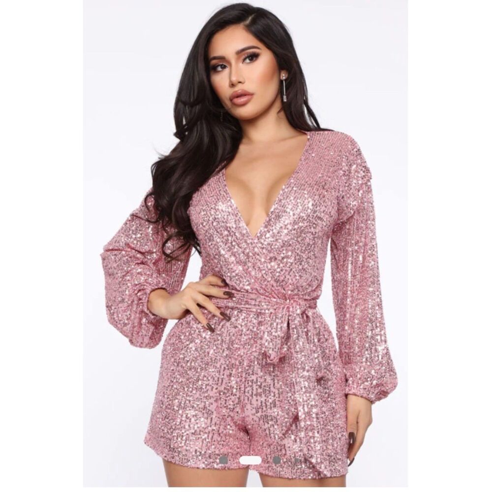 Fashion Nova ROSE GOLD Sequin Wrap Romper